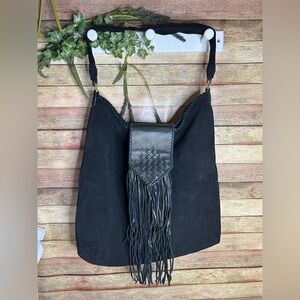 Margot Leather Hobo Tote Bag Black Fringe